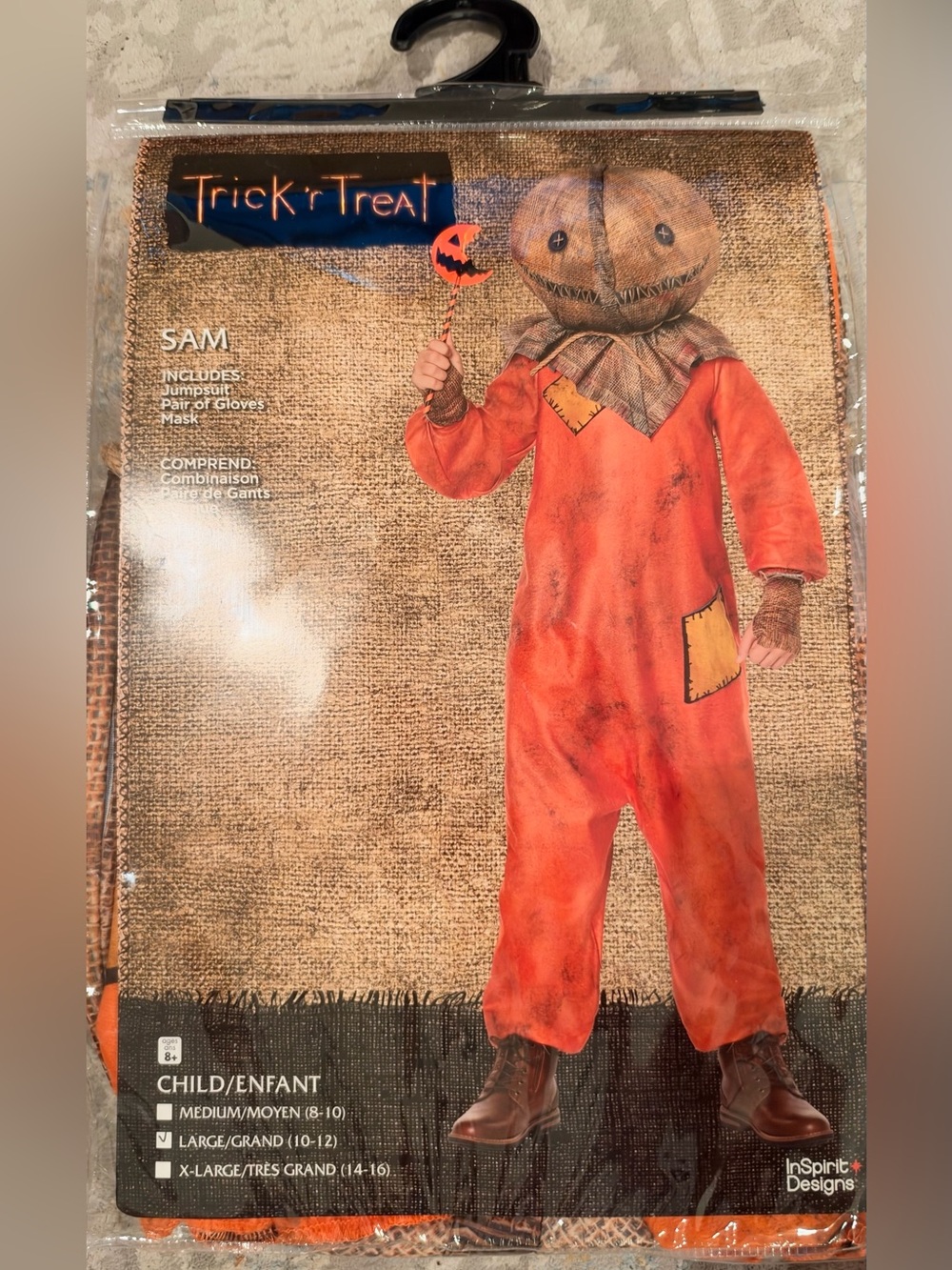 Trick ’r Treat Sam Halloween Costume Kids Large 10–12 Mask Jumpsuit Gloves